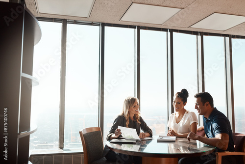 Contract, financial advisor or couple at table in meeting for insurance, policy update or paper in office. Broker, negotiation or consultation with people for investment, future plan or budget review