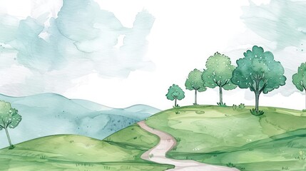 Leinwandbilder Olivgrün Beautiful watercolor landscape with hills, trees, and cloudy sky.  © Matthew