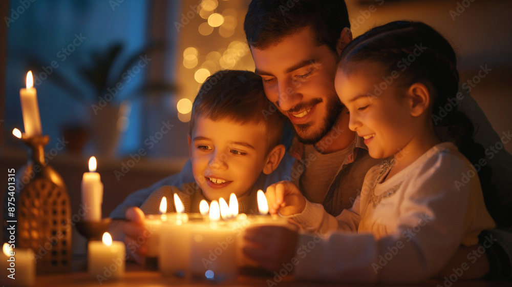 Family lighting Shabbat candles together, creating a warm and intimate scene with copy space Family lighting Shabbat candles together, creating a warm and intimate scene with copy space