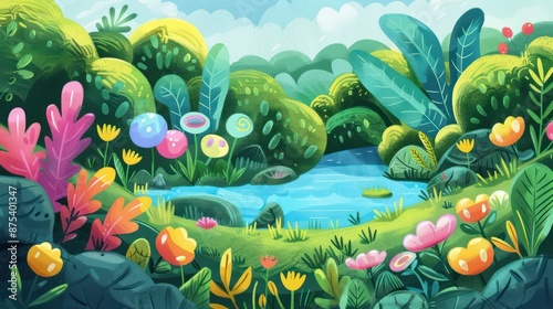 Vibrant serene landscape with colorful flowers, lush greenery, and pond