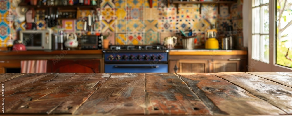 Naklejka premium Rustic Wooden Tabletop with Blurred Kitchen Background