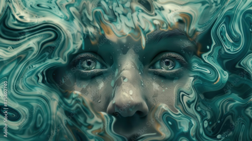 Abstract portrait of a woman's eyes with swirling, liquid-like patterns. Abstract portrait of a woman's eyes with swirling, liquid-like patterns.