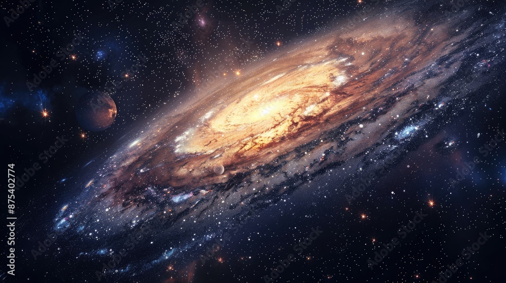 Fototapeta premium Stunning view of a spiral galaxy in deep outer space, showcasing billions of stars, cosmic dust, and planetary systems.