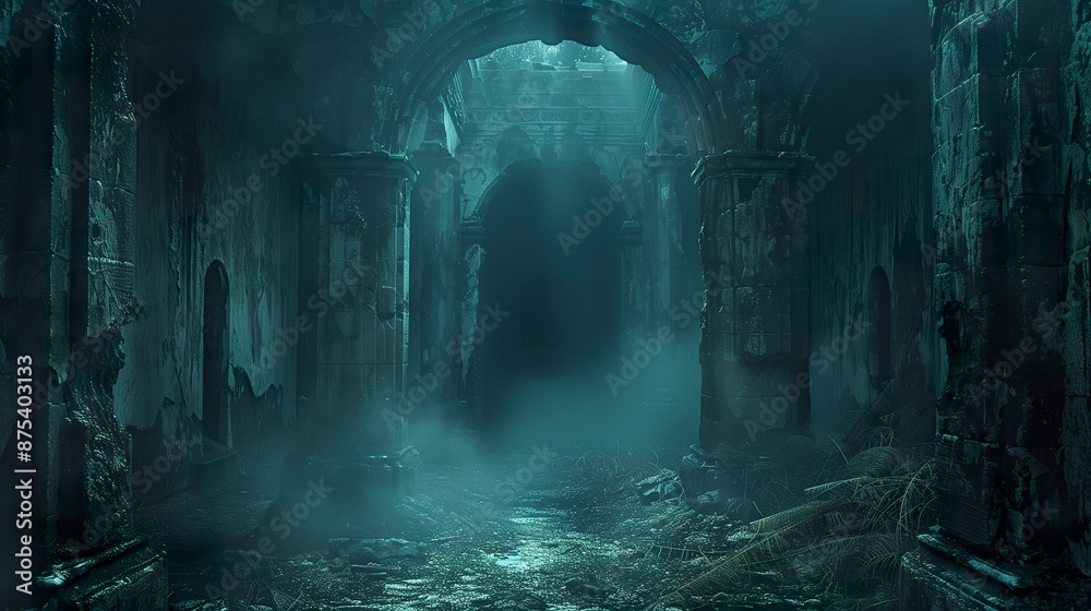 Illustration of an abandoned place with dark blue low-light light. Digital art of a place lost in the dark. Illustration of an abandoned place with dark blue low-light light. Digital art of a place lost in the dark.