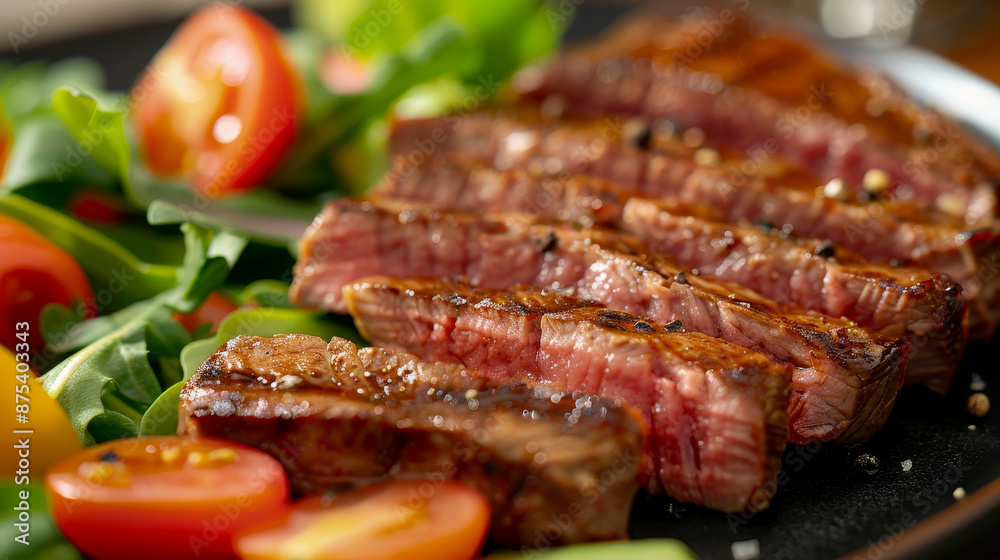 A steak is cut into pieces and served on a salad A steak is cut into pieces and served on a salad