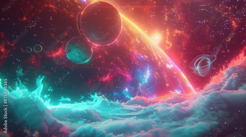 Surreal cosmic landscape featuring vibrant planets, colorful nebulae ...
