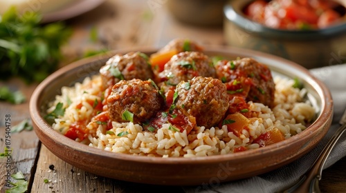 A plate of delicious meatballs in tomato sauce served with rice, garnished with herbs, set on a rustic wooden table, offering a mouth-watering, hearty meal presentation.