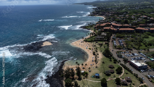 Obraz na płótnie Drone view of the island of Hawaii over the beaches of Lihue, Kauai