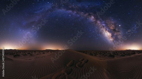 A stunning night sky showcasing the vibrant Milky Way galaxy arching over a quiet desert landscape, capturing the beauty of the stars and endless horizon.