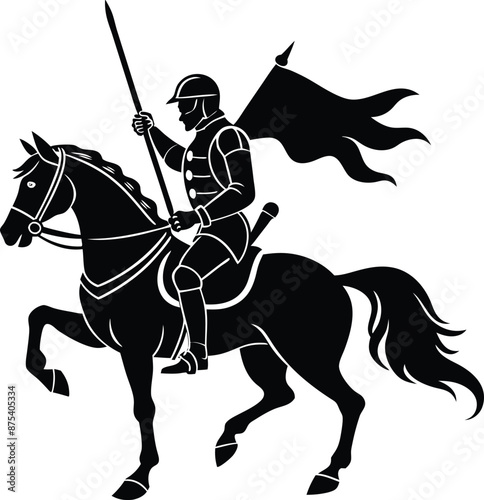 a silhouette medieval cavalier with horse holding flag, black and white