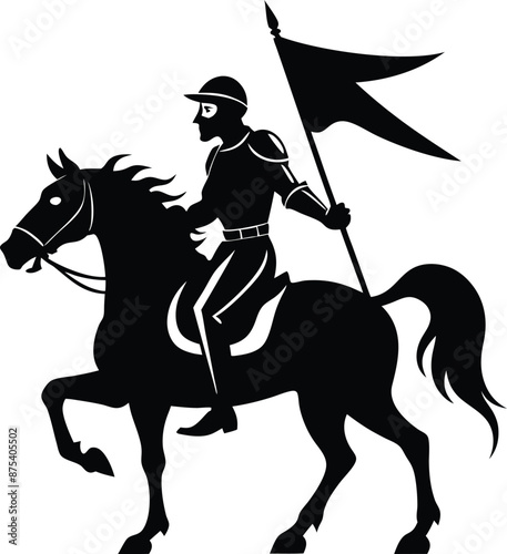 a silhouette medieval cavalier with horse holding flag, black and white