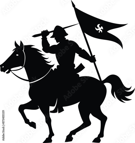 a silhouette medieval cavalier with horse holding flag, black and white