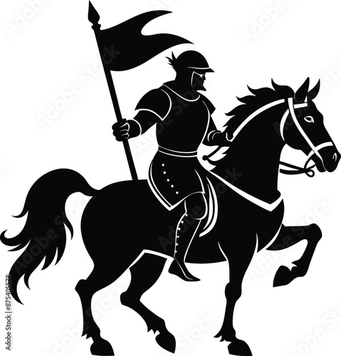 a silhouette medieval cavalier with horse holding flag, black and white