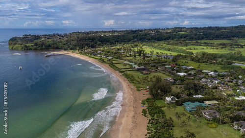 4K drone video of the island of Hawaii over the beaches of Lihue, Kauai photo