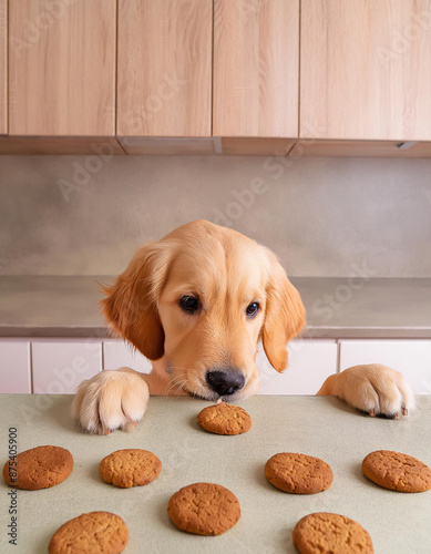 labrador retriever puppy looking at some tempting cookies