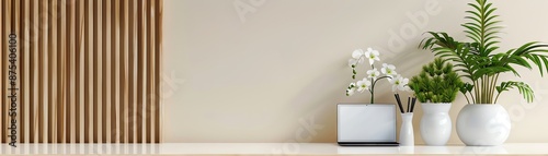 Minimalist interior design with plants, wooden wall and white background.