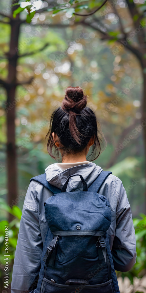 Woman in Forest with Backpack: Rear View of Female Hiker in Nature Woman in Forest with Backpack: Rear View of Female Hiker in Nature