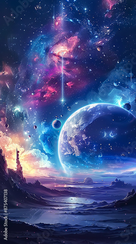 Stunning Cosmic Landscape: Vibrant Galaxy, Planets, and Nebulae in Deep Space Fantasy Art