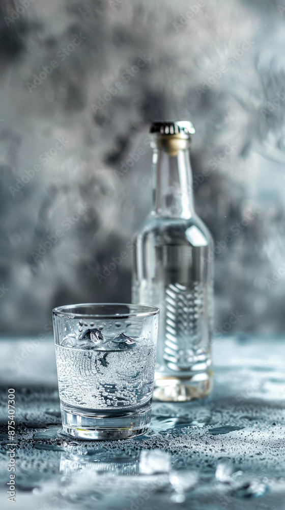 Refreshing Sparkling Water in Glass with Ice, Bottle in Background, Cold Beverage Refreshing Sparkling Water in Glass with Ice, Bottle in Background, Cold Beverage