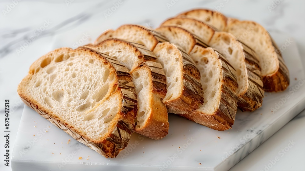 Sliced Freshly Baked Artisan Bread on a Marble Cutting Board Sliced Freshly Baked Artisan Bread on a Marble Cutting Board