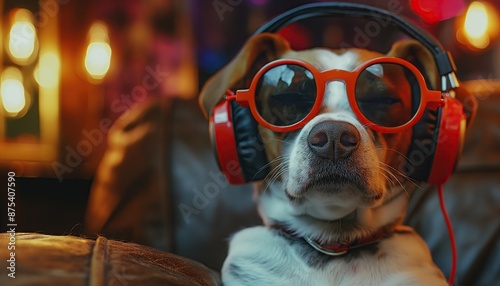 Cute dog wearing red headphones and listening to music at home.