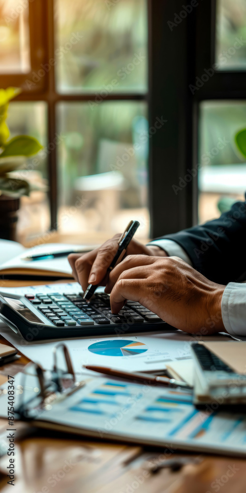Business professional using calculator and analyzing financial charts in a modern office Business professional using calculator and analyzing financial charts in a modern office