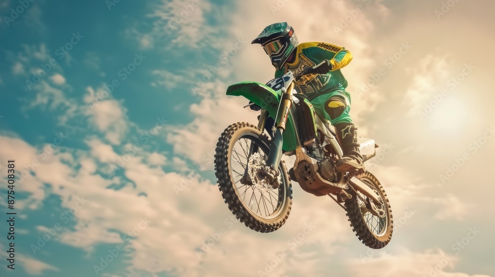 Cycling, motorbike, and leap in cloudy sky for sports, agile driving, speed, power, or rally with mockup space. Motorcycle, challenge, airborne activity, brave talent or risk Cycling, motorbike, and leap in cloudy sky for sports, agile driving, speed, power, or rally with mockup space. Motorcycle, challenge, airborne activity, brave talent or risk