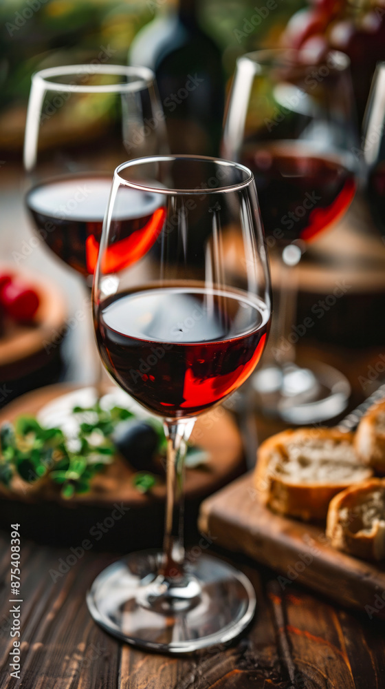 Elegant Red Wine Glasses with Bread and Herbs on Rustic Wooden Table Elegant Red Wine Glasses with Bread and Herbs on Rustic Wooden Table