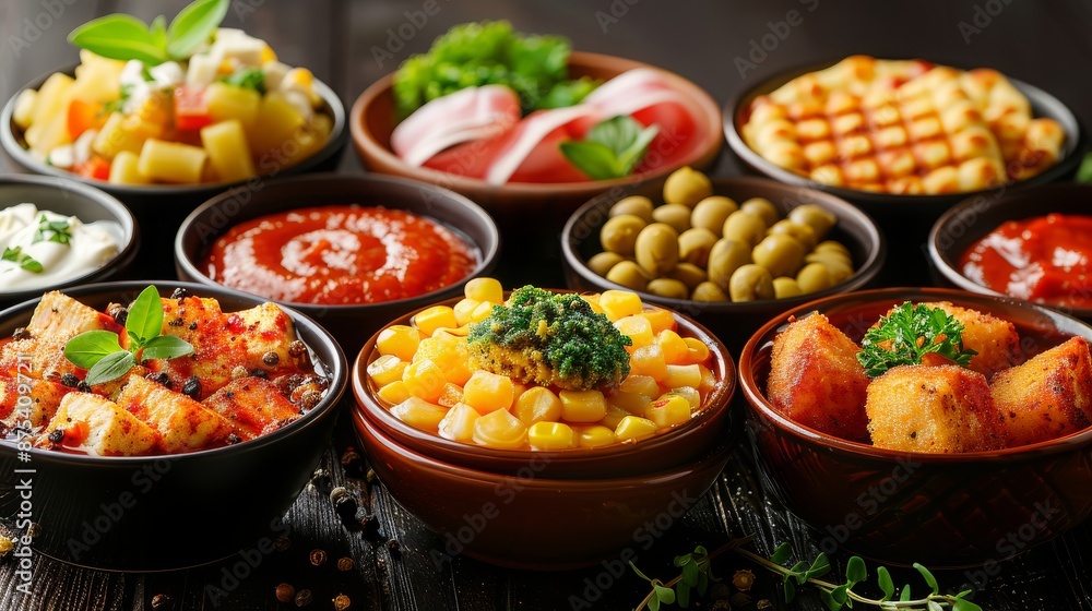 An array of colorful dishes in bowls, including olives, corn, sauces, and vegetables, arranged neatly on a dark wooden table, showcasing a diverse meal selection.
An array of colorful dishes in bowls, including olives, corn, sauces, and vegetables, arranged neatly on a dark wooden table, showcasing a diverse meal selection.