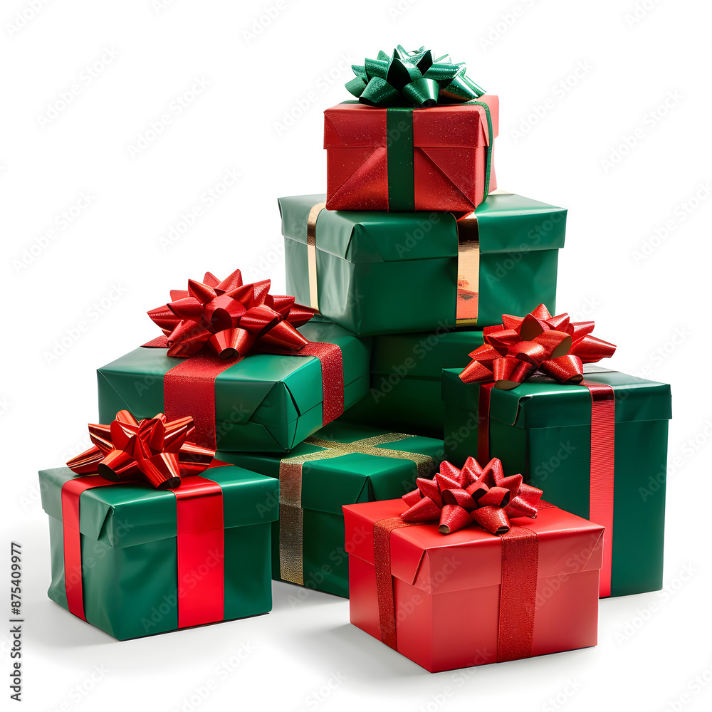 Fototapeta premium Green and red christmas gift boxes stacked isolated on white background