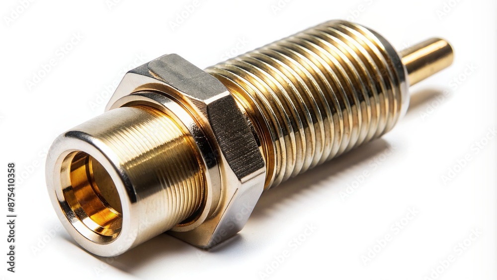 High-angled view of a precision-machined metal connector with gold-plated contacts and threaded mounting hole, isolated on a clean white background. High-angled view of a precision-machined metal connector with gold-plated contacts and threaded mounting hole, isolated on a clean white background.