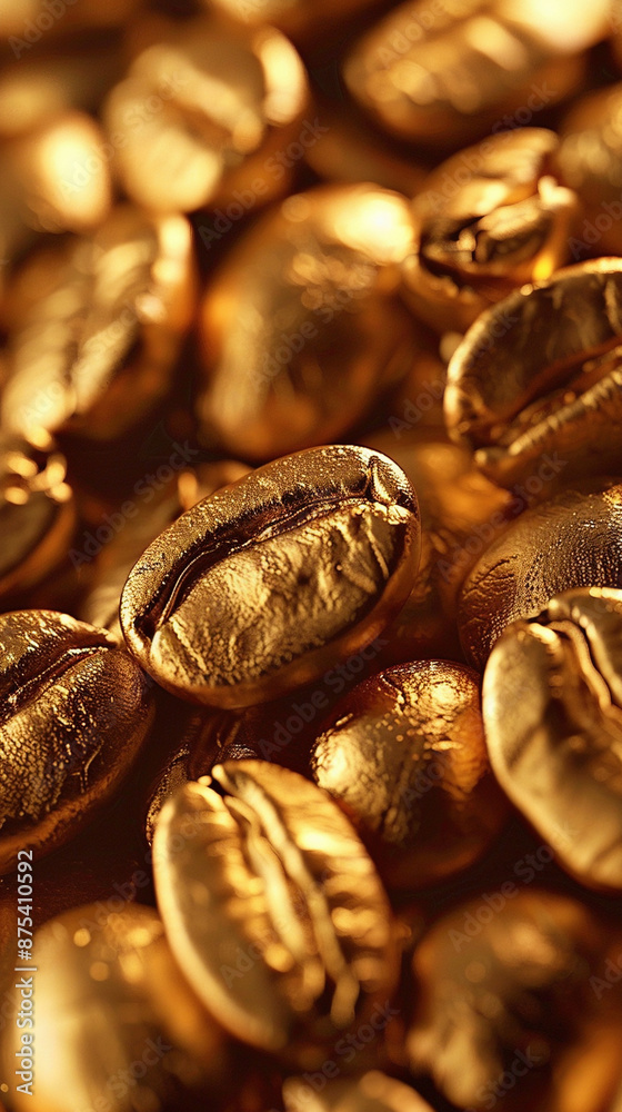 Close-Up Of Shiny Golden Coffee Beans In Warm Light Close-Up Of Shiny Golden Coffee Beans In Warm Light