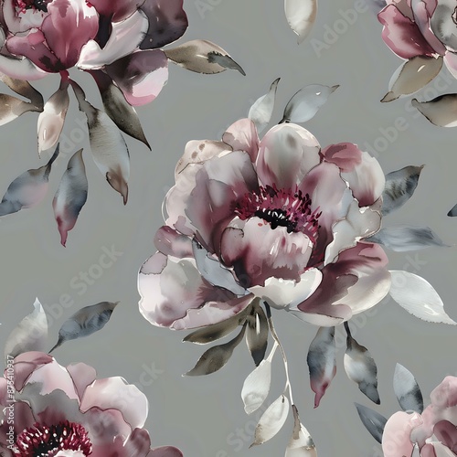 Large-Scale Pink Peony Flower and Muted Green Leaves Pattern