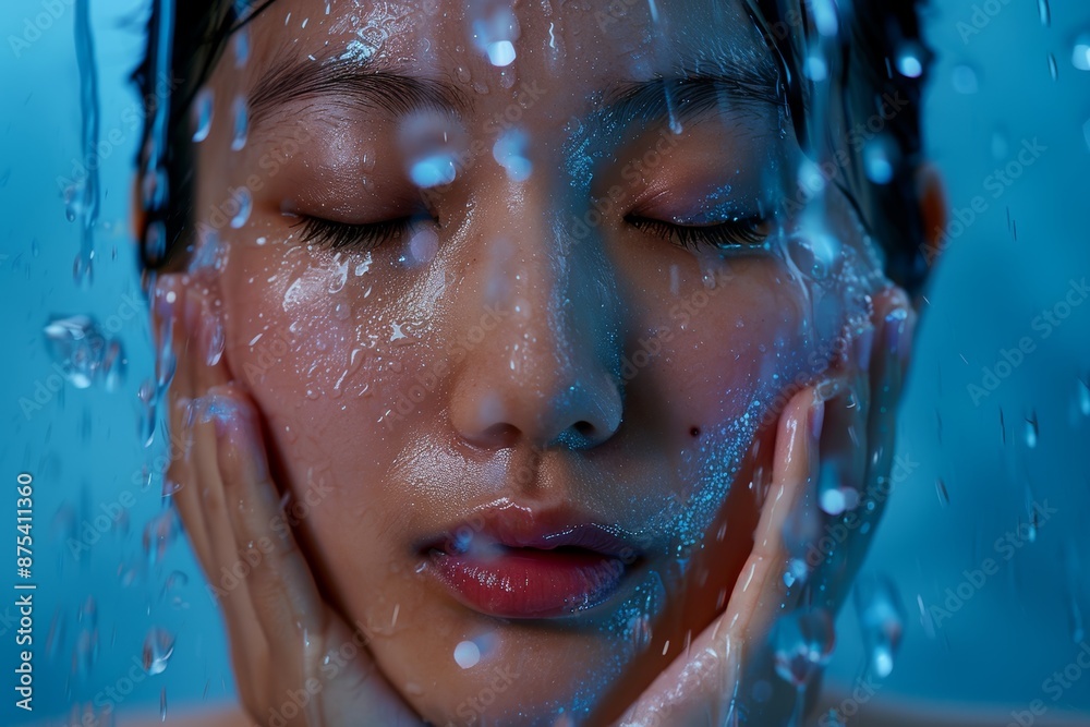 The shower, woman, and water promote wellness, health, and hygiene on a blue studio background. drops, healthy girl washing, bathroom grooming for cleansing or relaxation The shower, woman, and water promote wellness, health, and hygiene on a blue studio background. drops, healthy girl washing, bathroom grooming for cleansing or relaxation