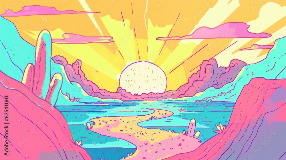 Vibrant sunset over serene river surrounded by colorful hills and cacti