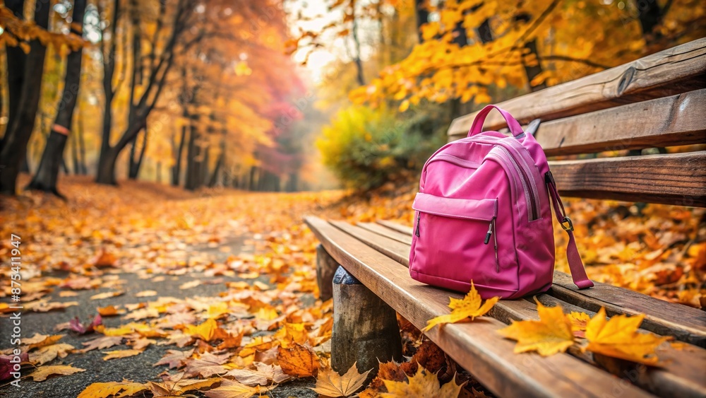 A lonely abandoned pink backpack lies on a weathered wood bench surrounded by fallen autumn leaves in a serene and tranquil outdoor setting.