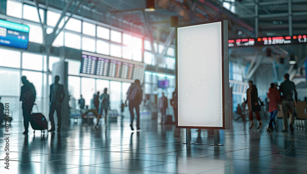 Blank Billboard in Busy Modern Airport Terminal Blank Billboard in Busy Modern Airport Terminal
