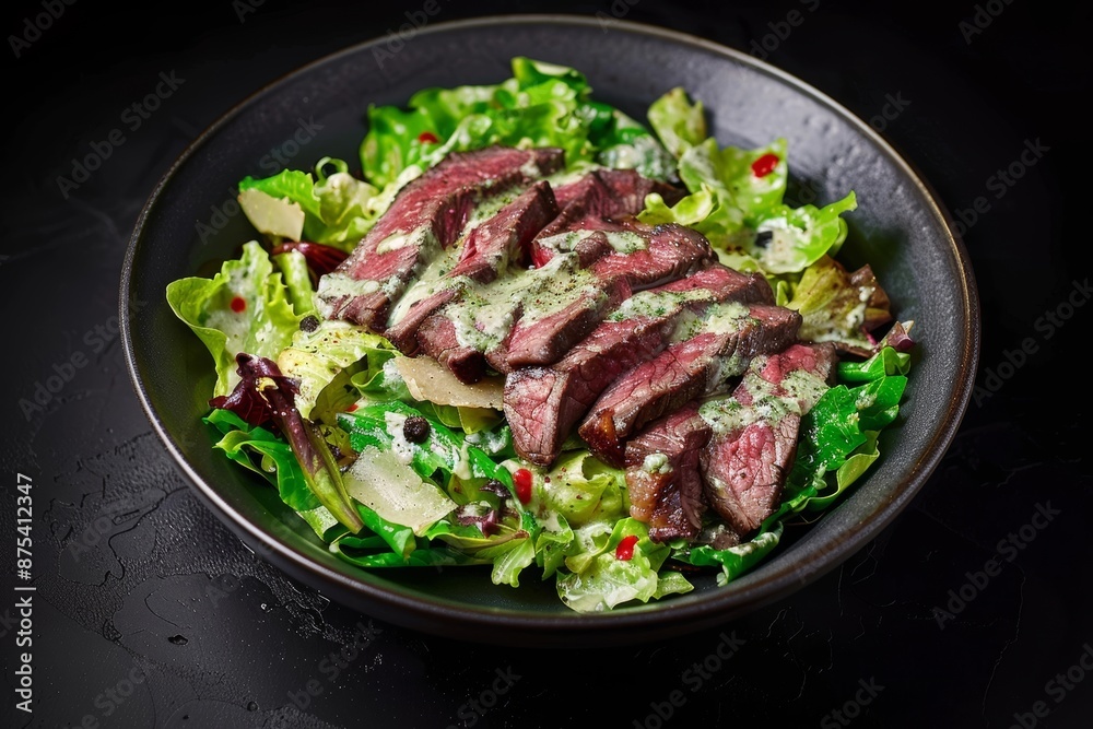 Sliced Sirloin Steak Caesar Salad on Chilled Plate Sliced Sirloin Steak Caesar Salad on Chilled Plate