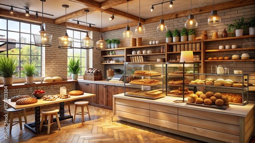 Cozy 3D render of a modern bread cafe interior featuring a beautifully decorated pastry counter, wooden tables, and rustic bakery equipment amidst warm lighting.