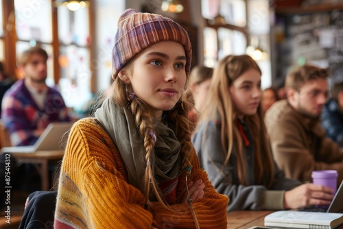 A thoughtful young woman in a cozy cafe, listening attentively during a group discussion, wearing warm autumn attire, capturing a moment of reflection and learning.