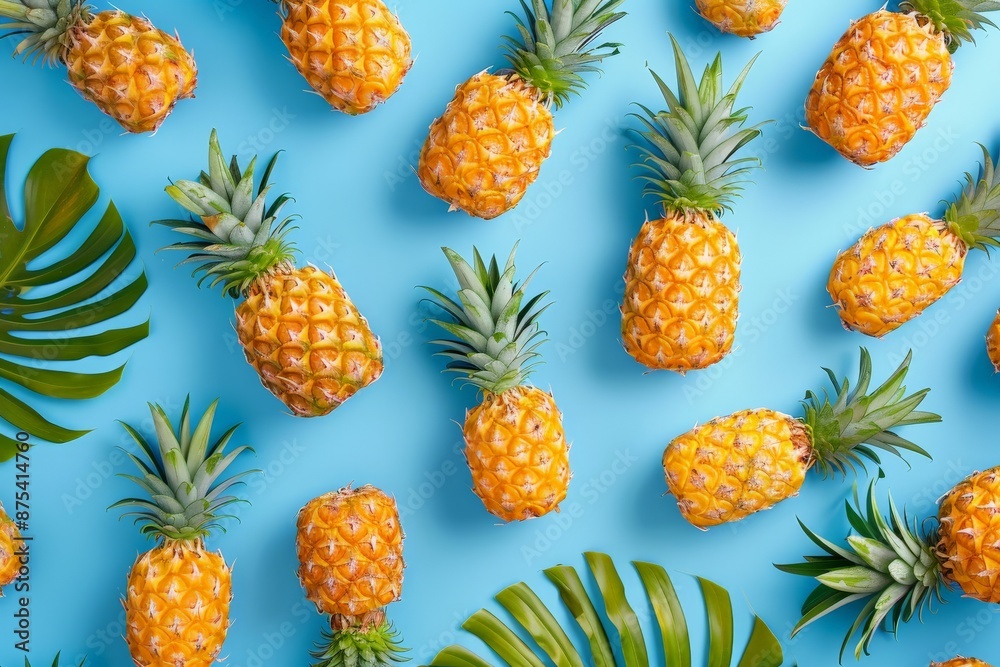 An artistic arrangement of multiple pineapples interspersed with green leaves set against a vibrant blue background, creating a vibrant summery feel. An artistic arrangement of multiple pineapples interspersed with green leaves set against a vibrant blue background, creating a vibrant summery feel.