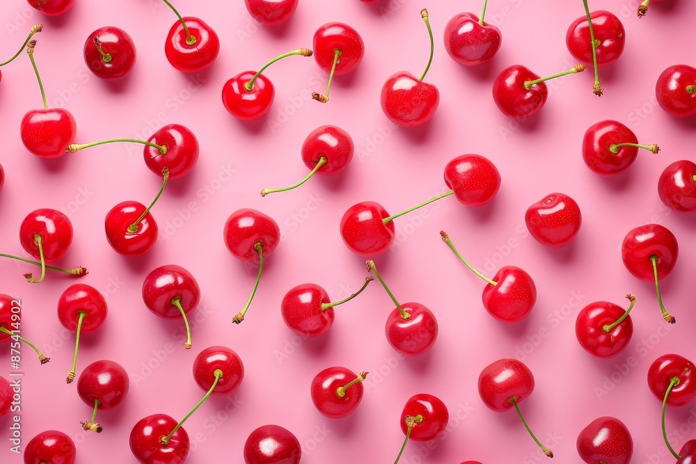 This image shows a pattern of fresh cherries arranged on a pink background, creating a unique and vibrant visual art piece that is both striking and fresh. This image shows a pattern of fresh cherries arranged on a pink background, creating a unique and vibrant visual art piece that is both striking and fresh.