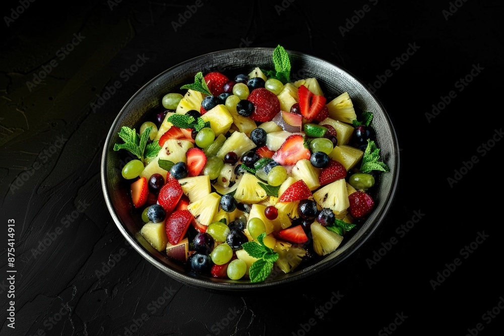 Artisanal Fruit Salad with Fresh Mint in Silver Trophy Bowl Artisanal Fruit Salad with Fresh Mint in Silver Trophy Bowl