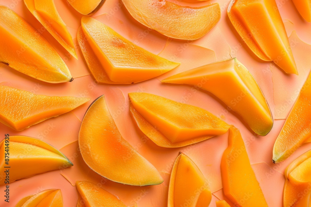 This image displays freshly cut slices of ripe orange mangoes laid out on a surface, highlighting their vivid color and juicy appeal, perfect for tropical culinary themes. This image displays freshly cut slices of ripe orange mangoes laid out on a surface, highlighting their vivid color and juicy appeal, perfect for tropical culinary themes.