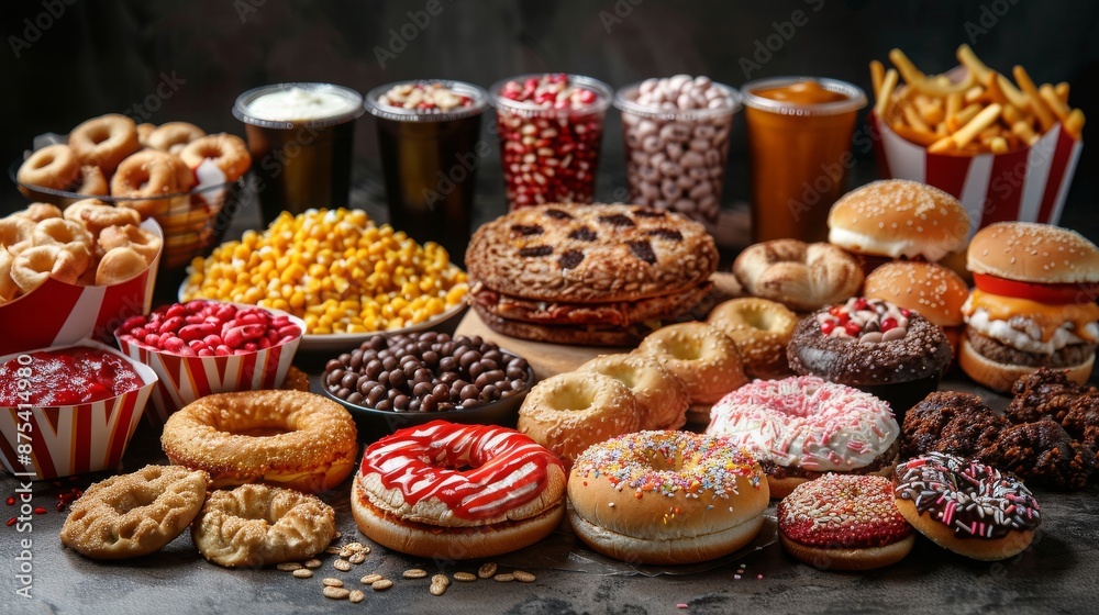 An indulgent spread of various fast foods and desserts, including donuts, burgers, fries, popcorn, and sodas, creating a tempting and colorful feast.
An indulgent spread of various fast foods and desserts, including donuts, burgers, fries, popcorn, and sodas, creating a tempting and colorful feast.