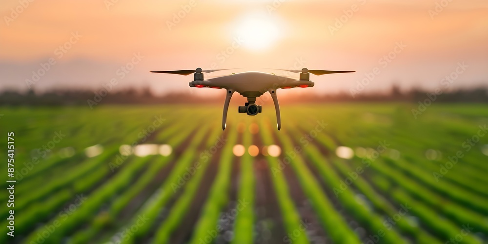 The Future of Farming Agricultural Drones Tending to Crops. Concept Agricultural Drones, Farming Technology, Crop Monitoring, Precision Agriculture, Automated Farming The Future of Farming Agricultural Drones Tending to Crops. Concept Agricultural Drones, Farming Technology, Crop Monitoring, Precision Agriculture, Automated Farming