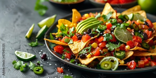 Texas-style Veggie Caviar Nachos Platter for Pescatarians and Reducetarians. Concept TexMex Cuisine, Vegetarian Eats, Flavorful Nachos, Pescatarian Delight, Healthy Party Snack photo