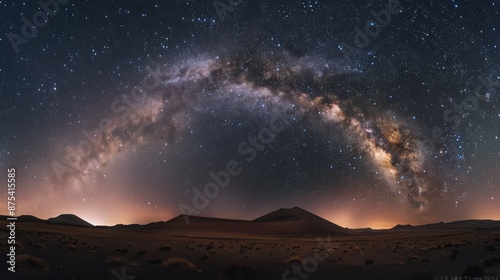 A stunning view of the Milky Way galaxy arching across the night sky over a desert landscape, symbolizing the grandeur of the cosmos and the infinite wonders of the universe.