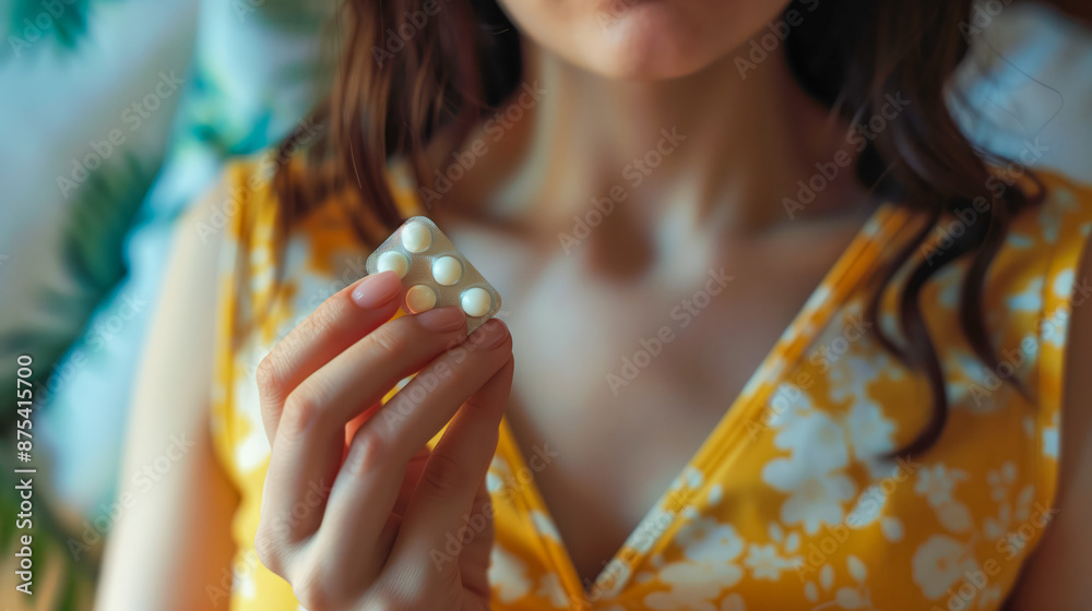 A young woman holding birth control pills in her hand A young woman holding birth control pills in her hand
