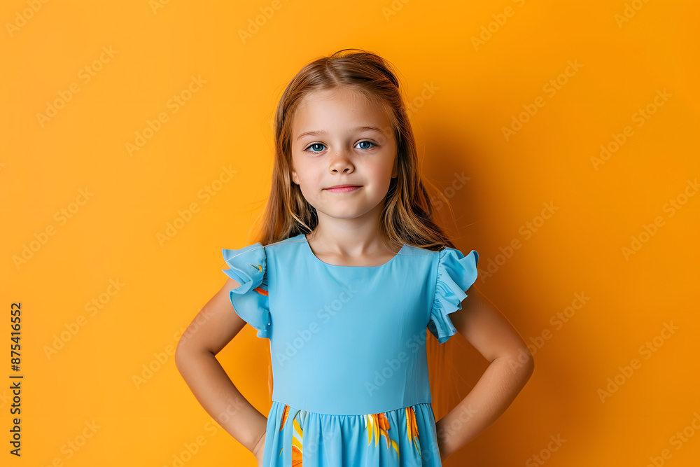 Confident little girl in blue dress standing on vibrant orange background with hands on hips, ready to take on the world